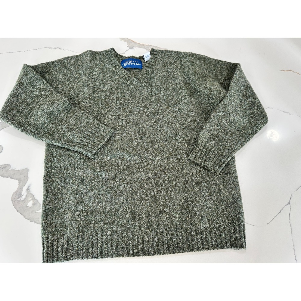 Express Vintage 100% Wool V-Neck Sweater Marled Green Small Pullover‎